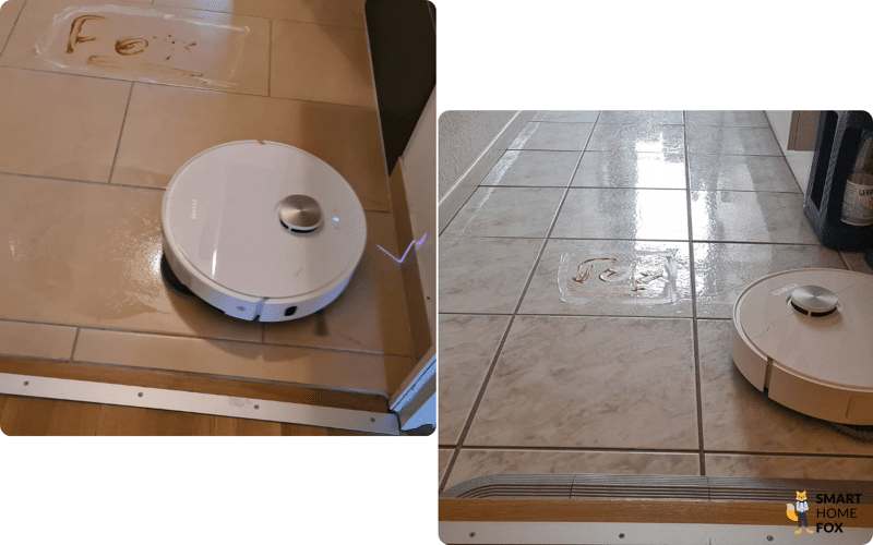 Die Ausgangssituation beim Extrem-Wischtest des Dreame L10s Pro Ultra Heat ist zu sehen.